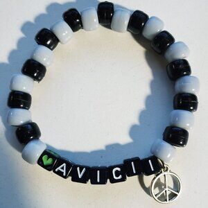 Handmade Love Avicii Kandi Bracelet With Peace Charm, Gray and Black